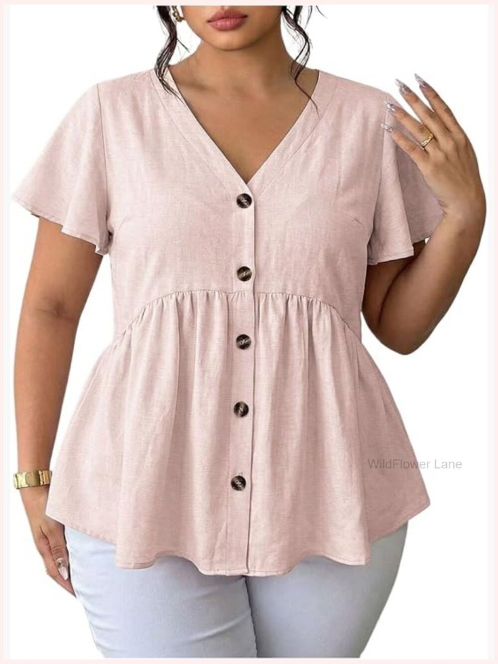 Plus Size V Neck Button Down Blouse Ruffle Peplum Babydoll Top